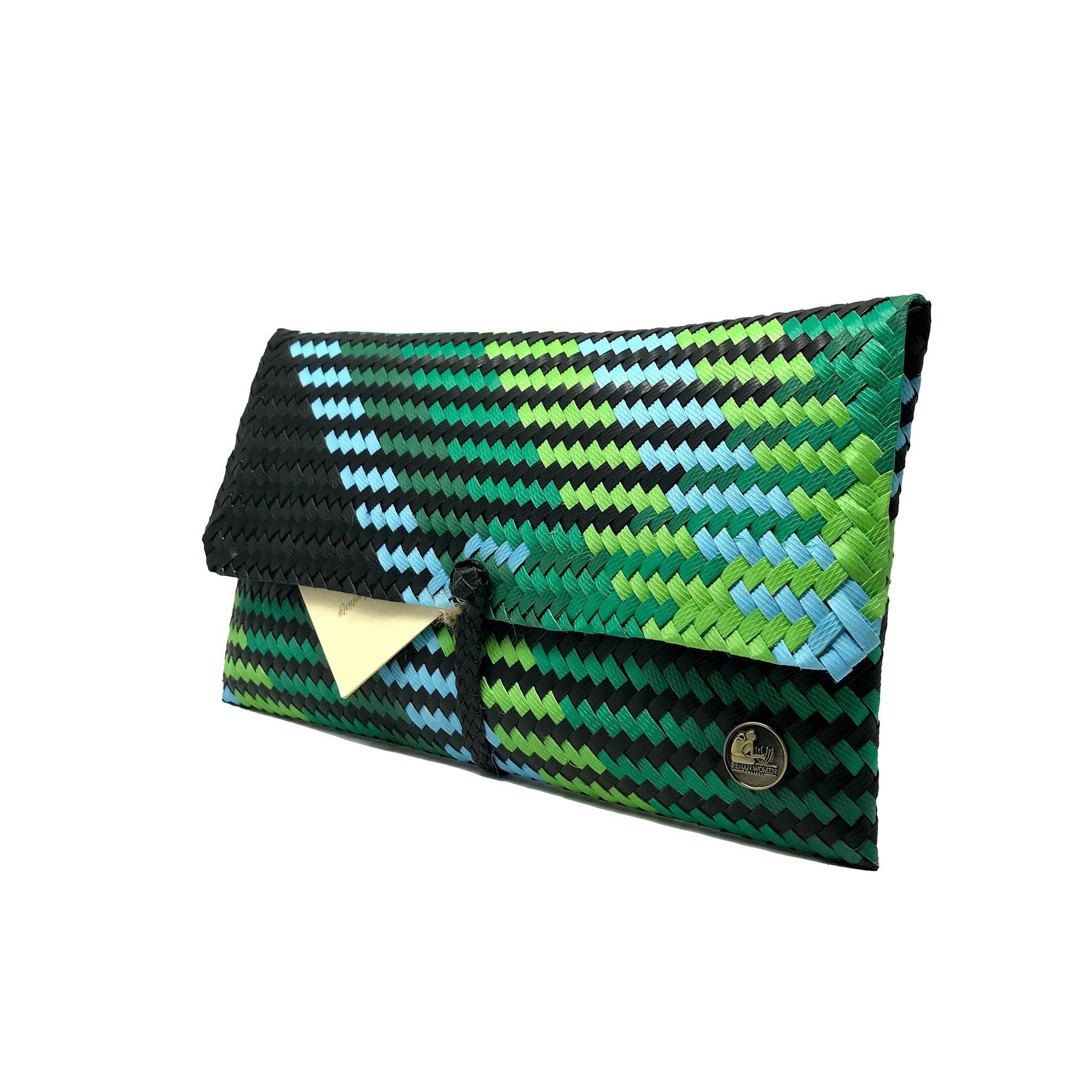 Green, blue and black clutch at a 45-degree angle.