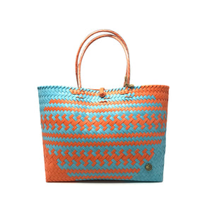 Blue and orange medium size tote bag facing the front.