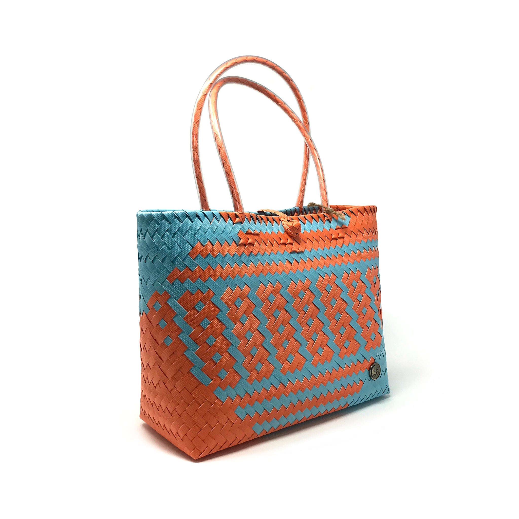 Blue and orange small size tote bag at a 45-degree angle.