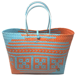 Blue and orange large size tote bag facing the front.