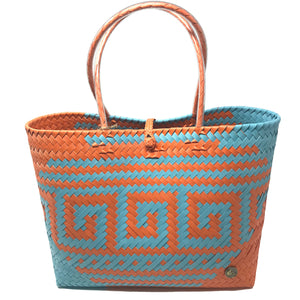 Blue and orange medium size tote bag facing the front.