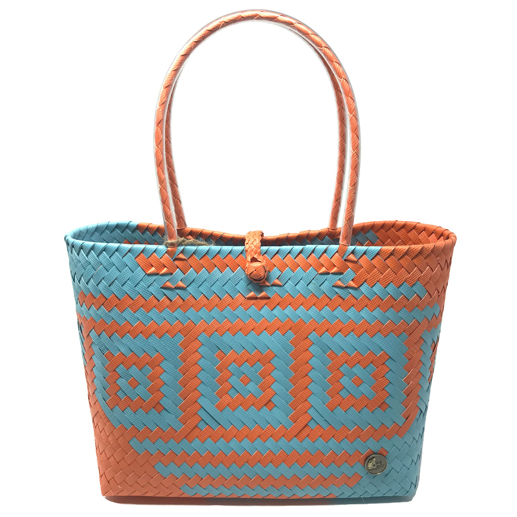 Handmade blue and orange small size tote bag facing the front.