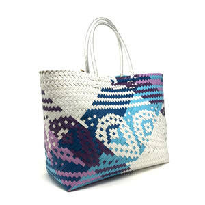 Blue, purple and white large size tote bag at a 45-degree angle.