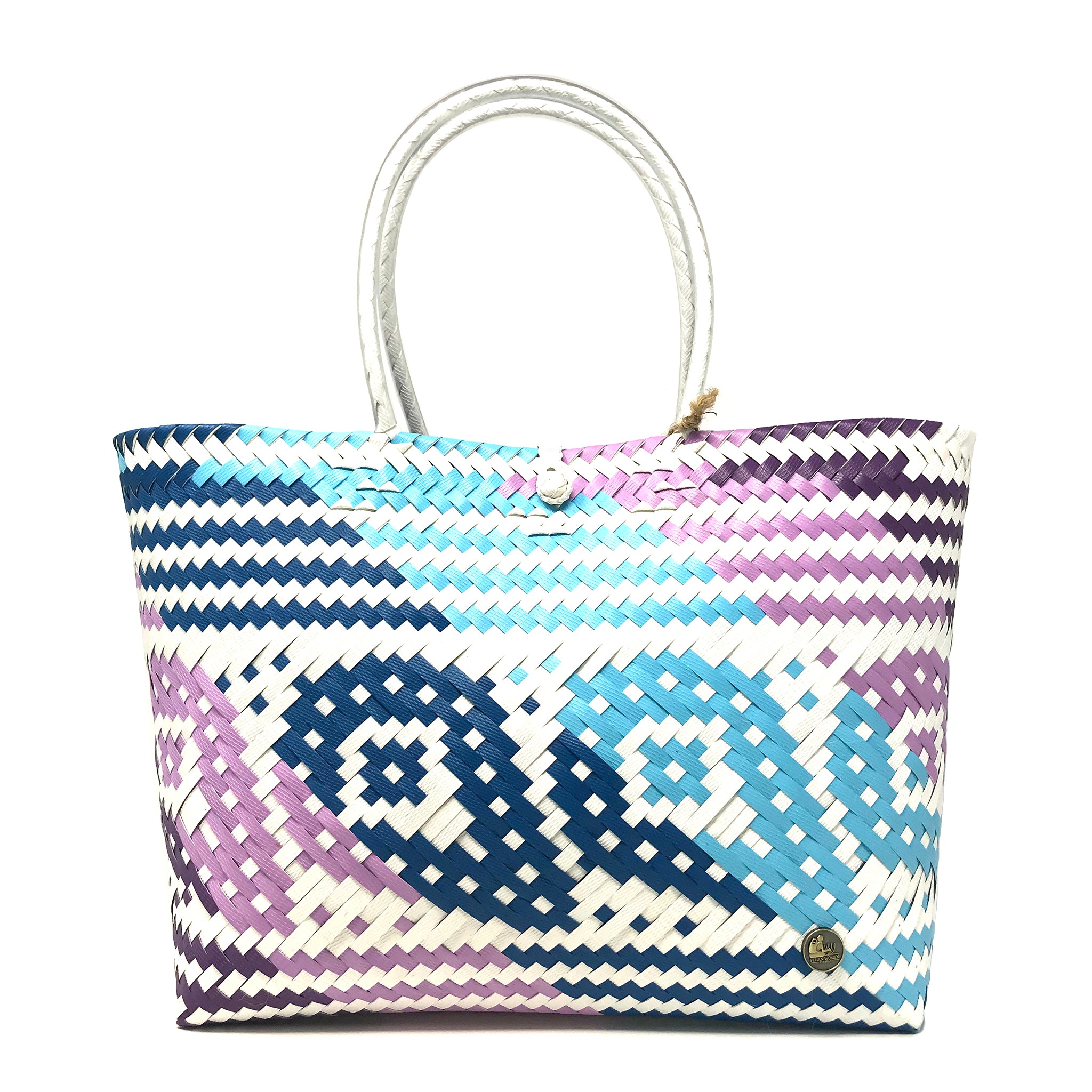 Blue, purple and white large size tote bag facing the front.