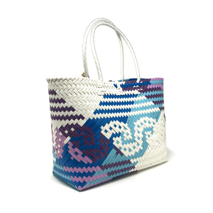 Blue, purple and white medium size tote bag at a 45-degree angle.