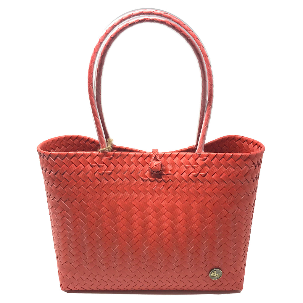 Handmade coral red small size tote bag facing the front.