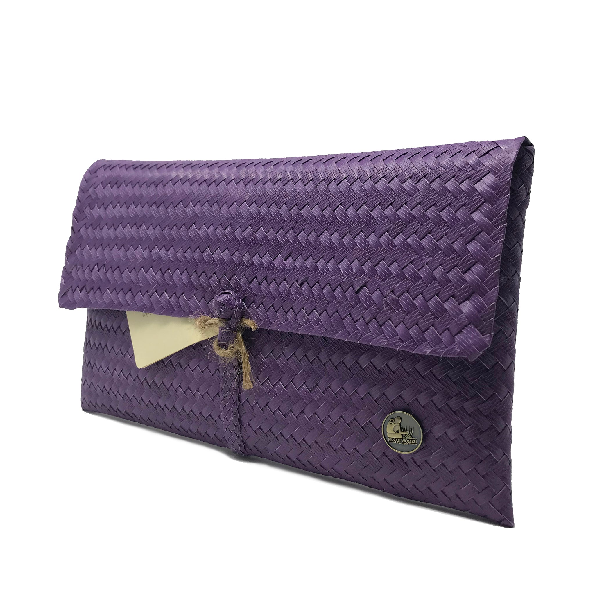 Purple clutch at a 45-degree angle.
