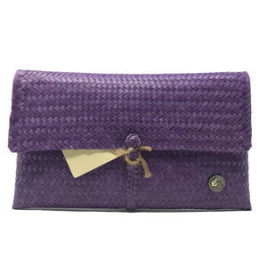 Handmade purple clutch facing the front.
