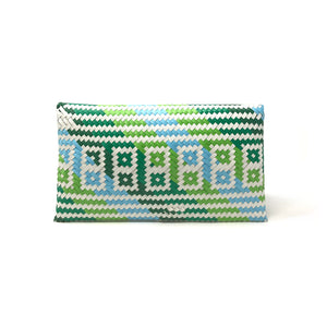 Green, blue and white clutch facing backwards.