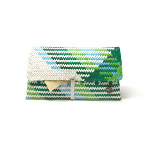 Handmade green, blue and white clutch facing the front.