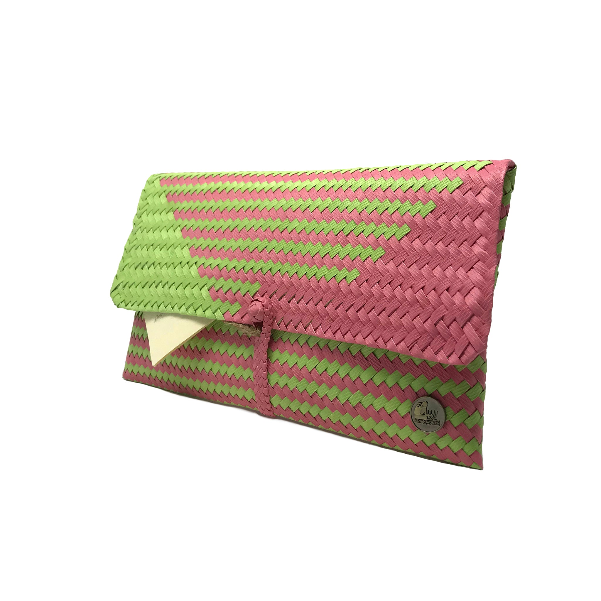 Lime green and magenta clutch at a 45-degree angle.