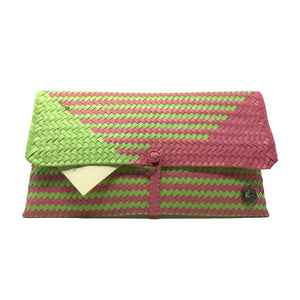Handmade lime green and magenta clutch facing the front.