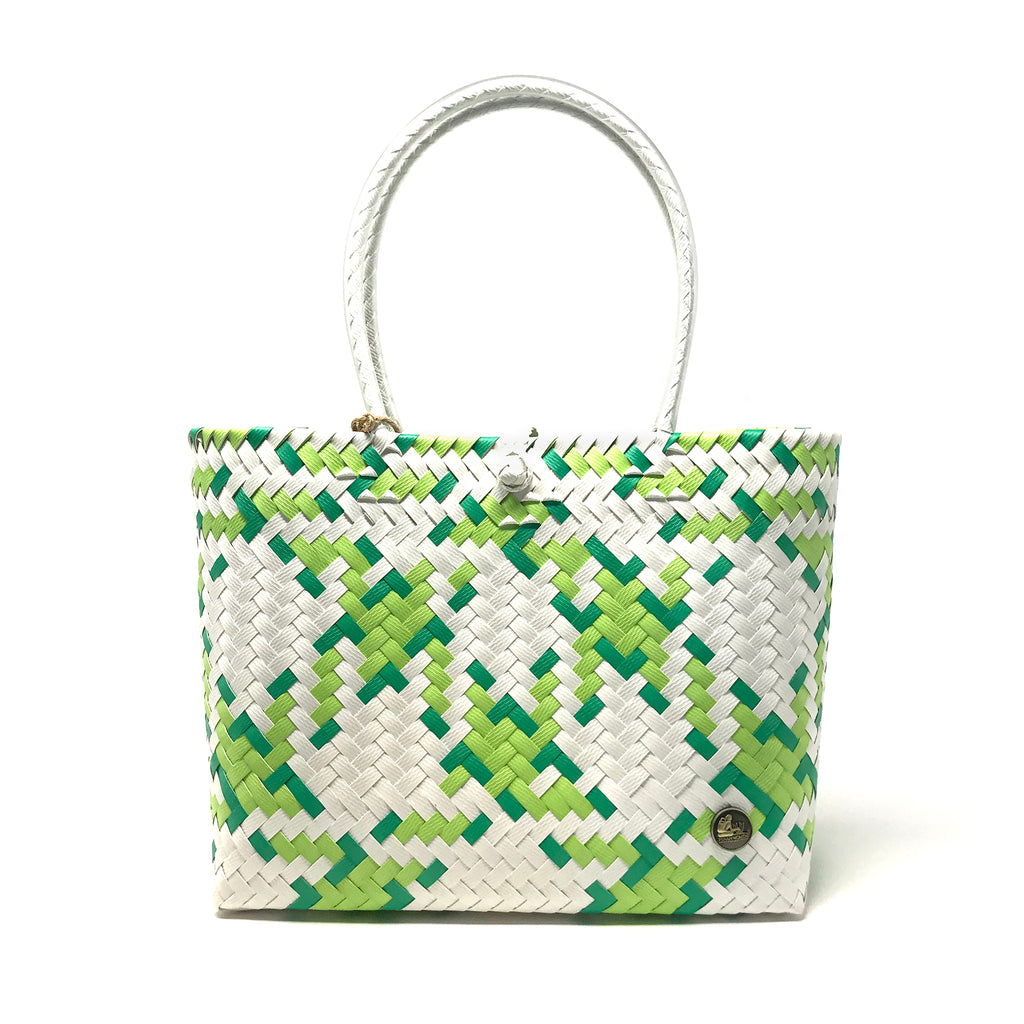 Handmade green, lime green and white small size tote bag facing the front.