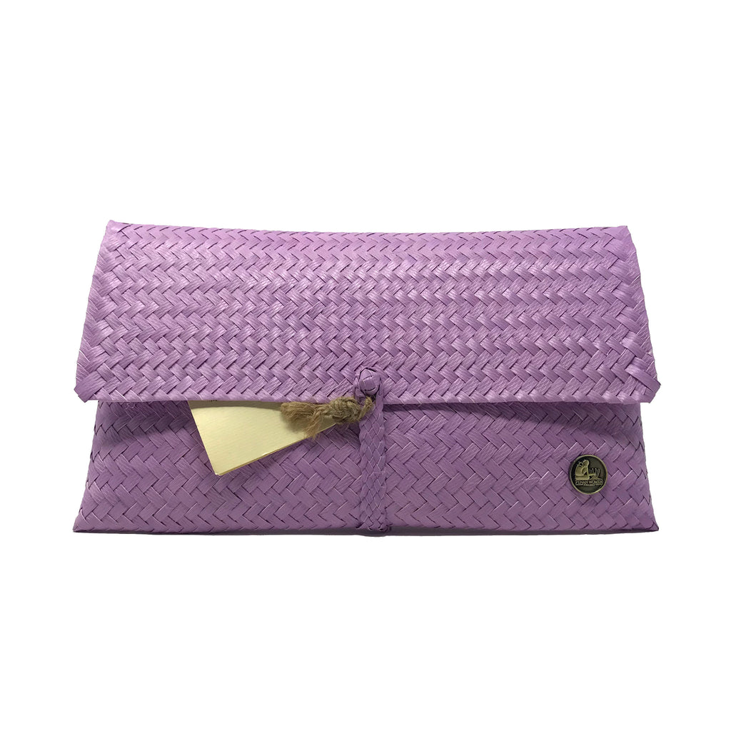 Handmade lavender clutch facing the front.