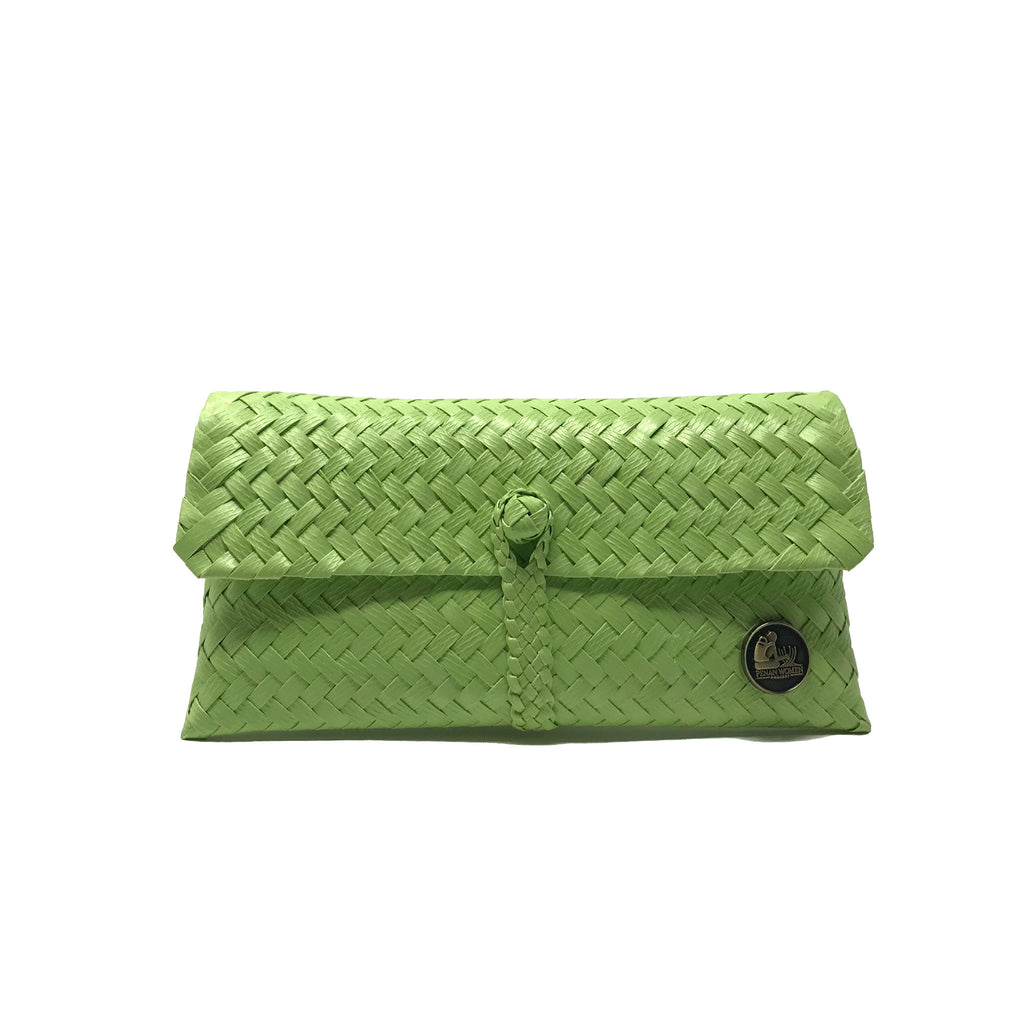 Handmade lime green wristlet facing the front.