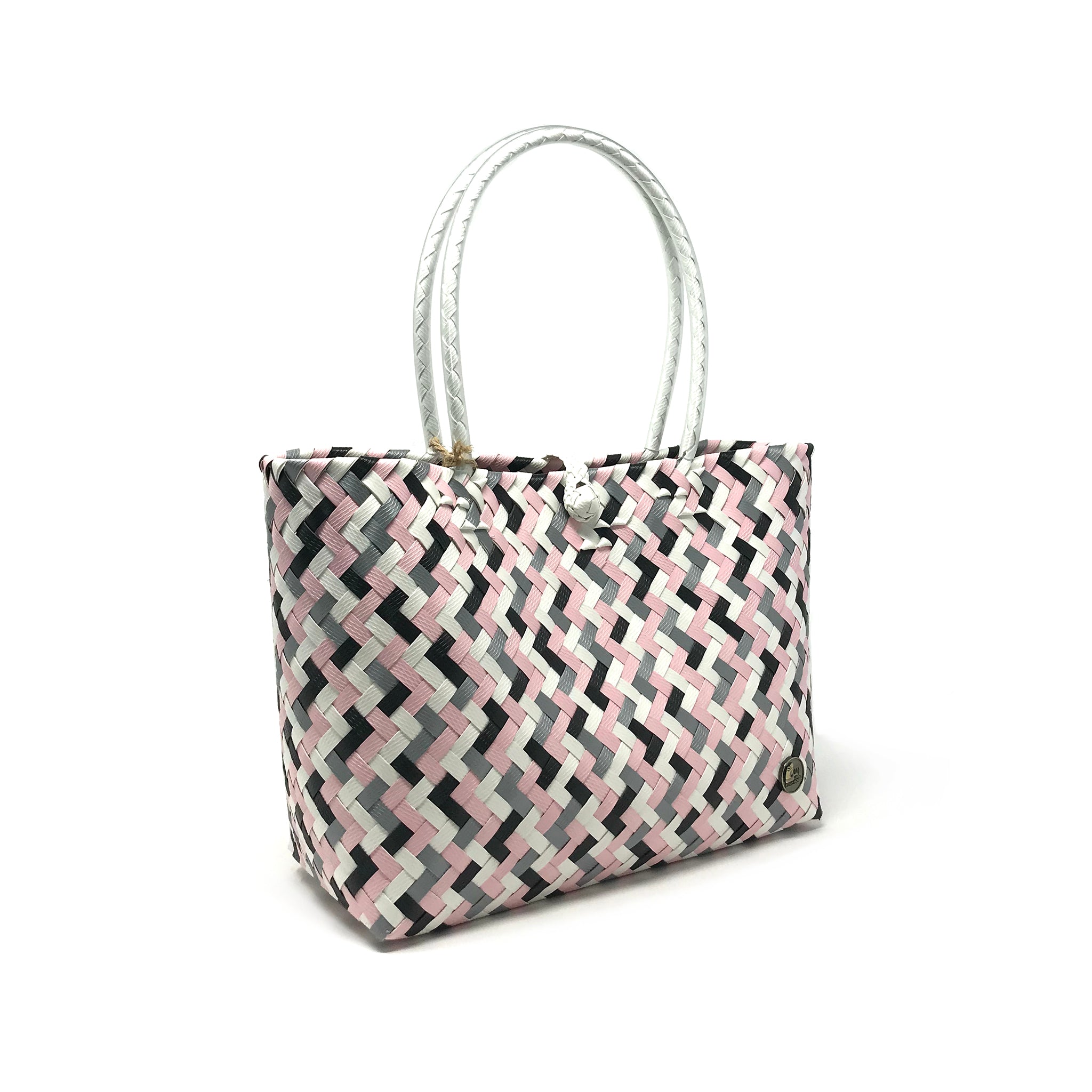 Pink, black and white small size tote bag at a 45-degree angle.