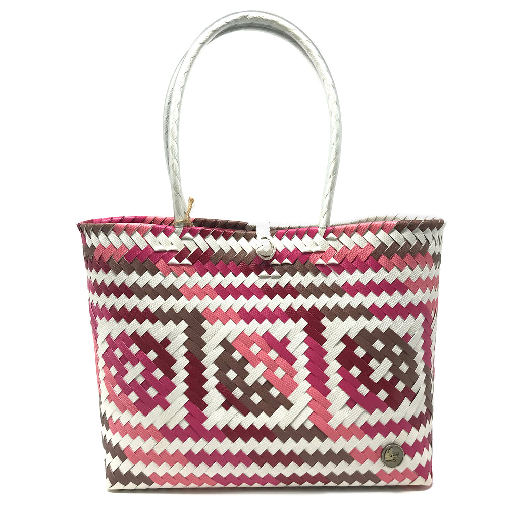 Handmade pink, brown and white small size tote bag facing the front.