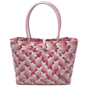 Handmade pink and white small size tote bag facing the front.
