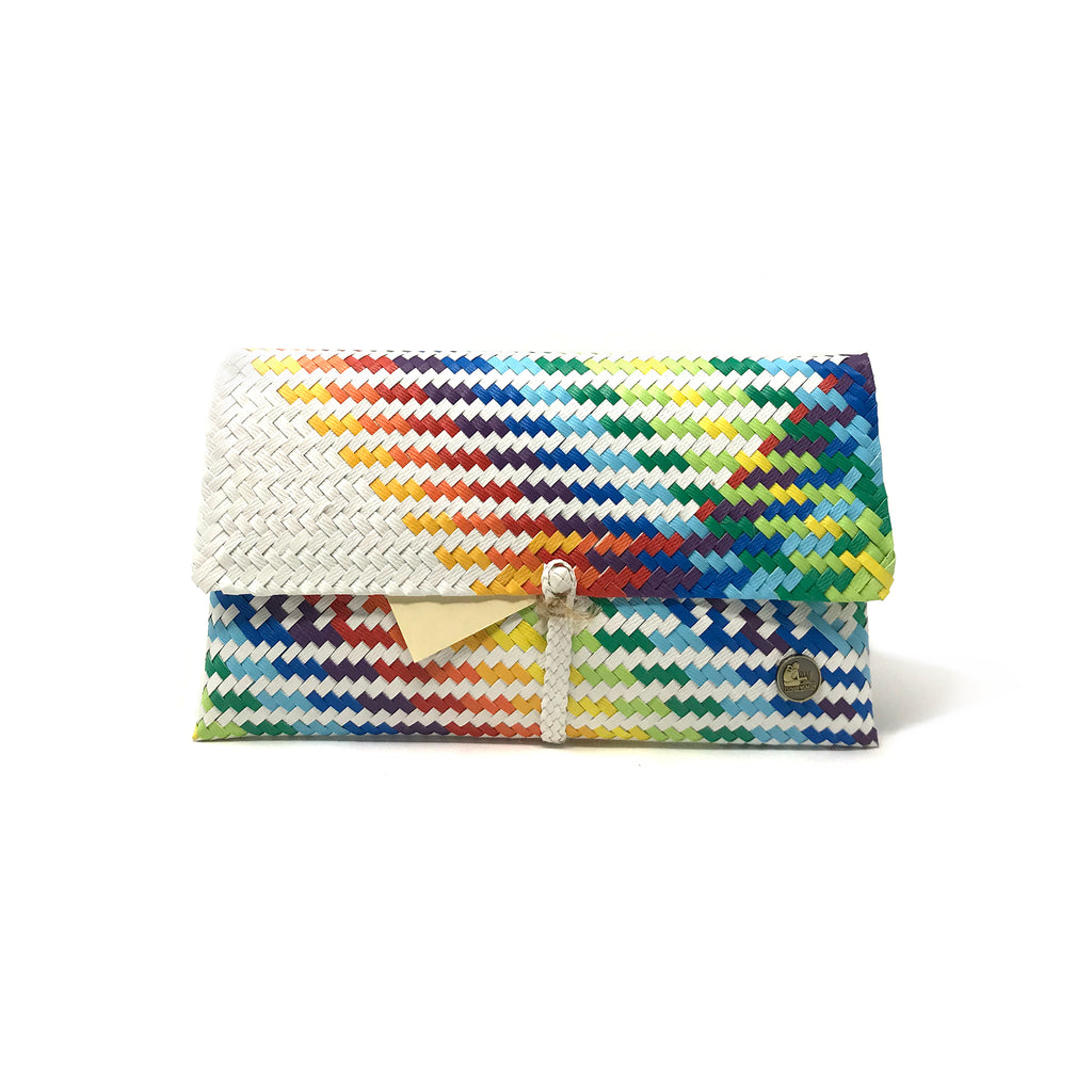 Handmade rainbow white clutch facing the front.