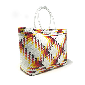Red, yellow and white large size tote bag at a 45-degree angle.