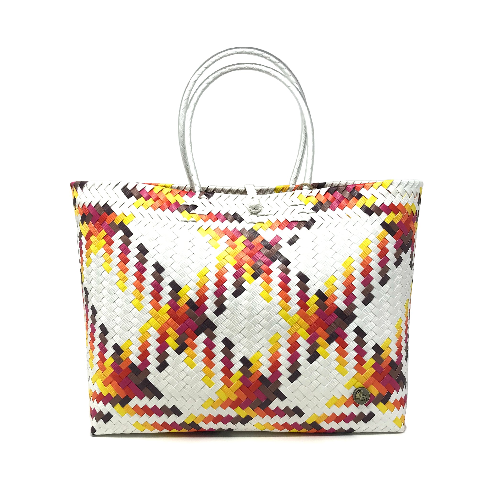 Red, yellow and white large size tote bag facing the front.