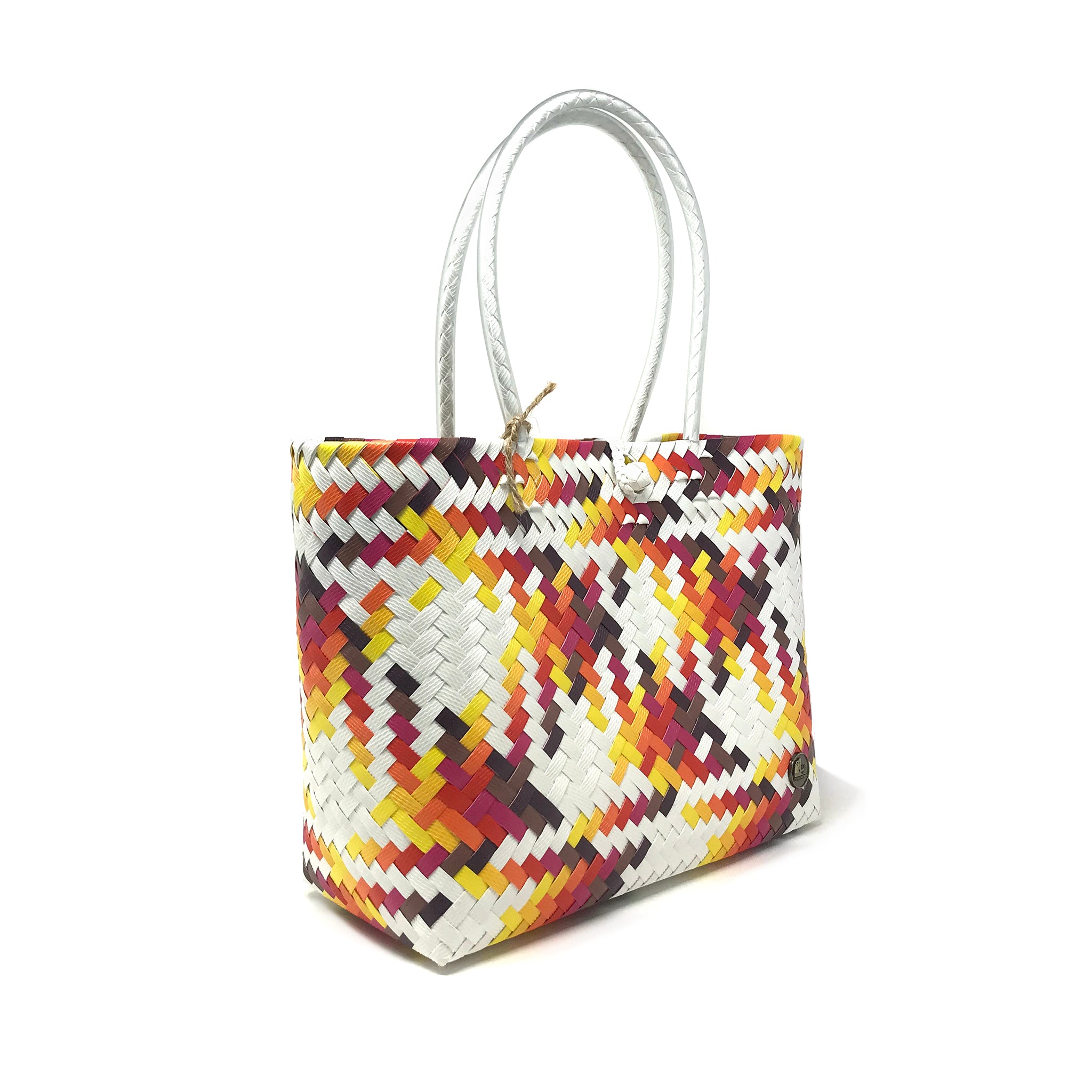 Red, yellow and white small size tote bag at a 45-degree angle.