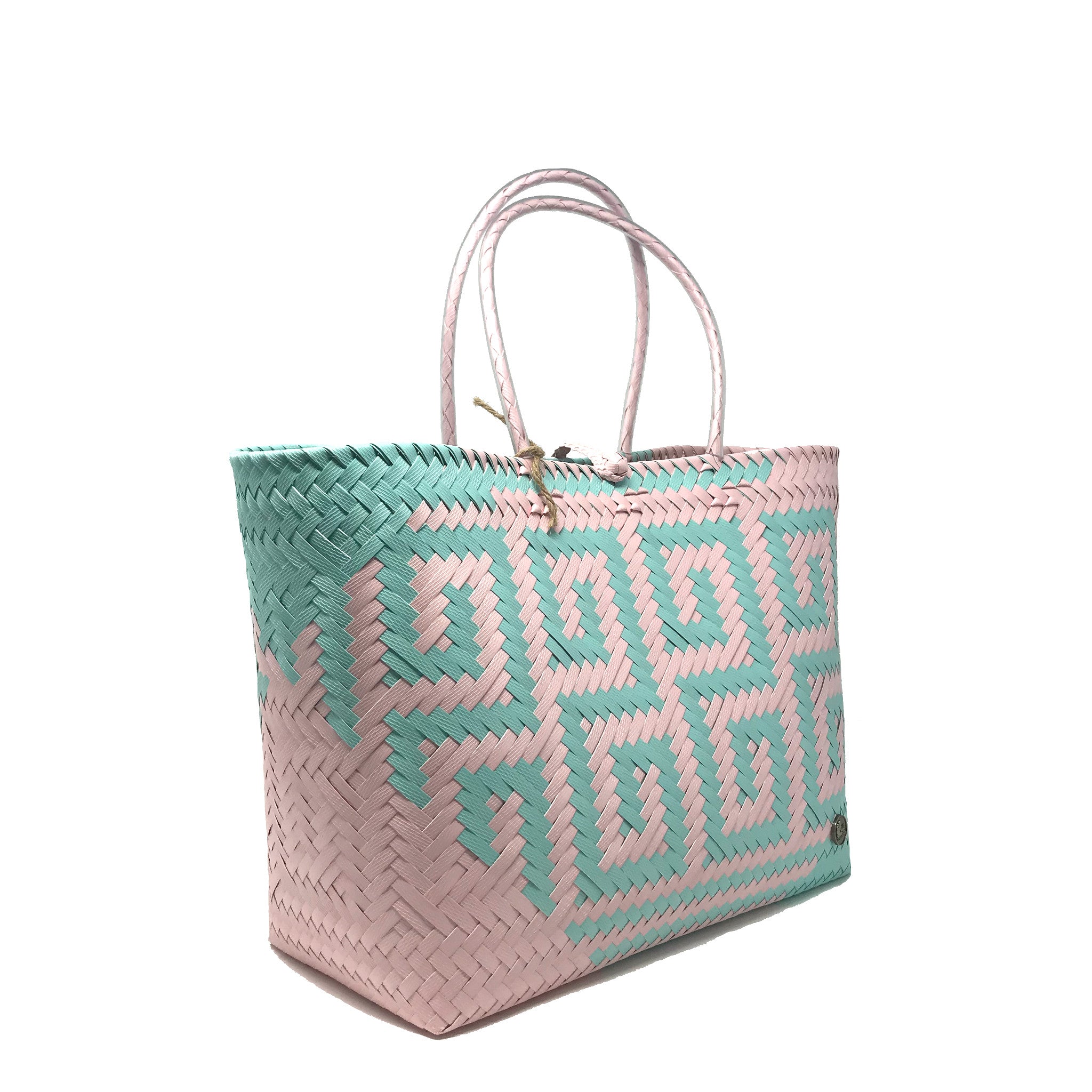 Pink and turquoise large size tote bag at a 45-degree angle.