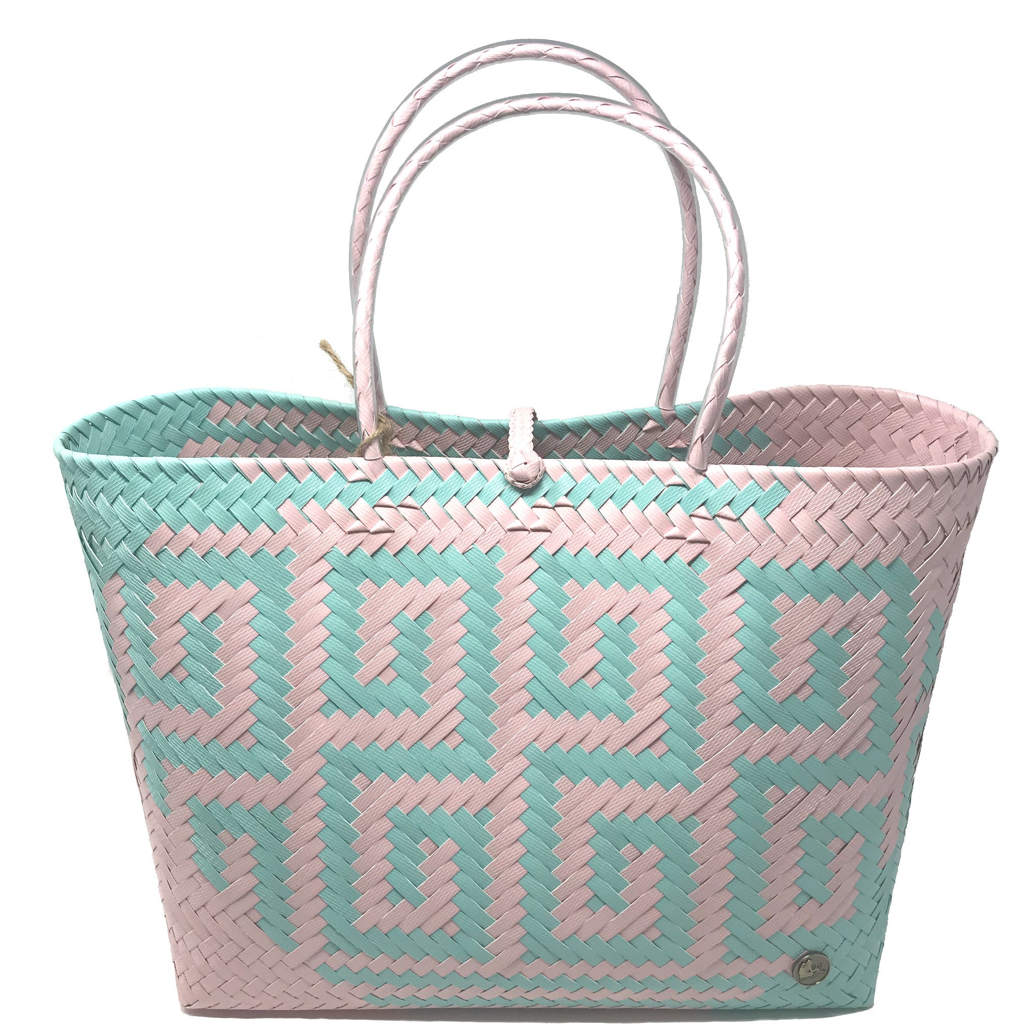 Pink and turquoise large size tote bag facing the front.