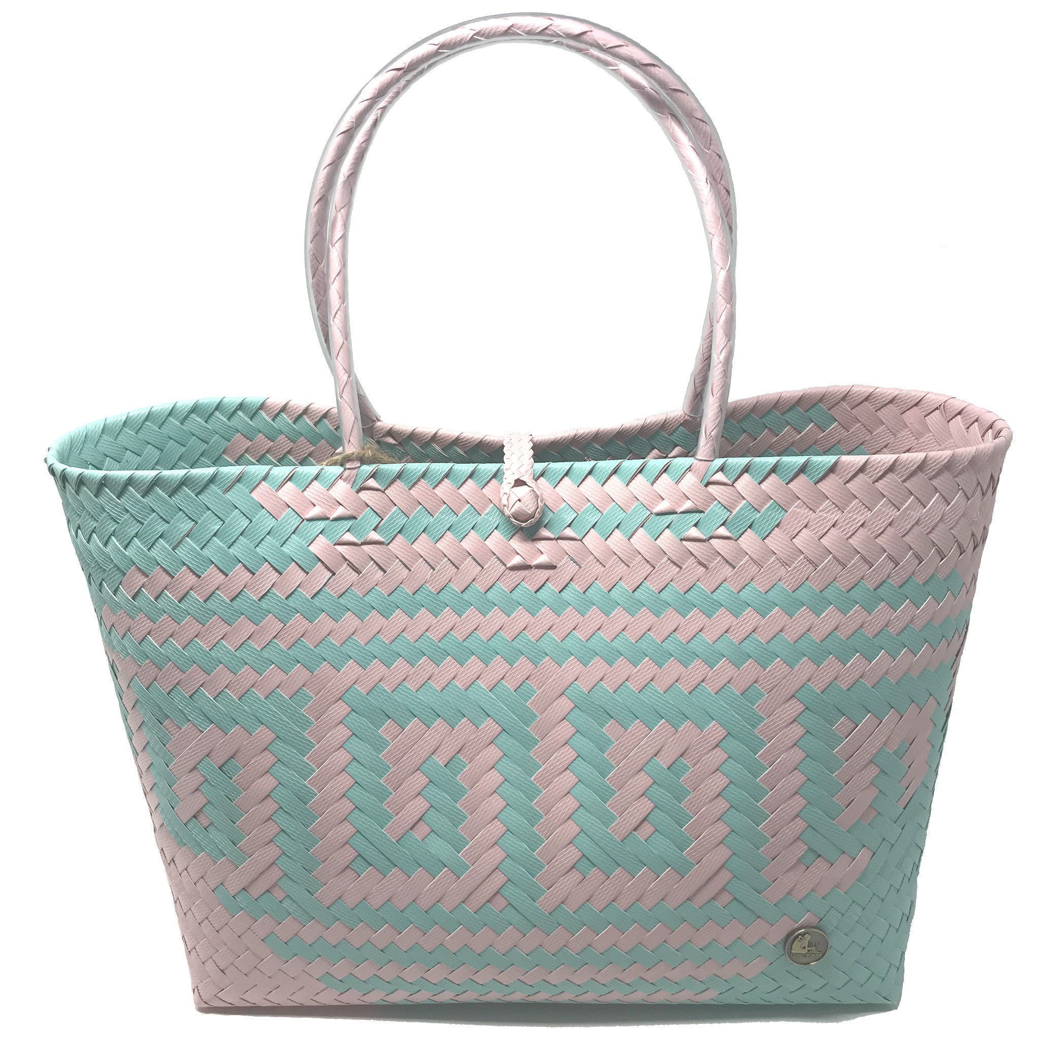 Pink and turquoise medium size tote bag facing the front.