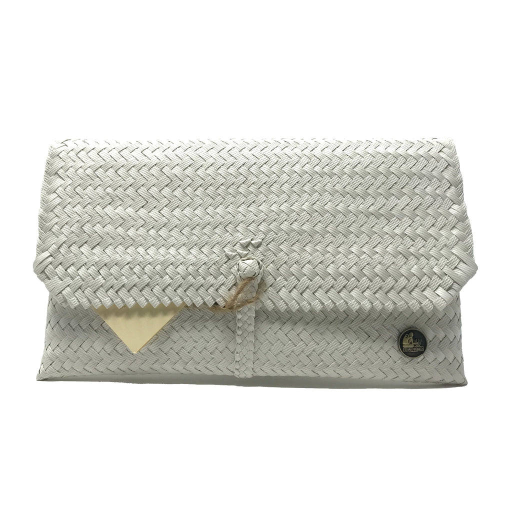 Handmade white clutch facing the front.