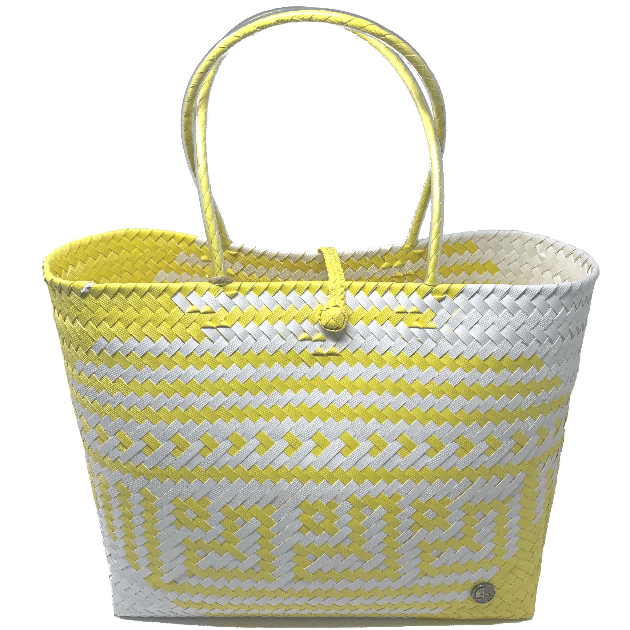 Yellow and white large size tote bag facing the front.