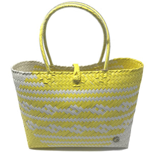 Yellow and white medium size tote bag facing the front.