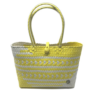 Handmade yellow and white small size tote bag facing the front.