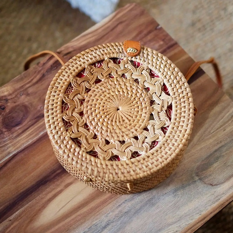 Handwoven Round Rattan Bag - Brown Braided